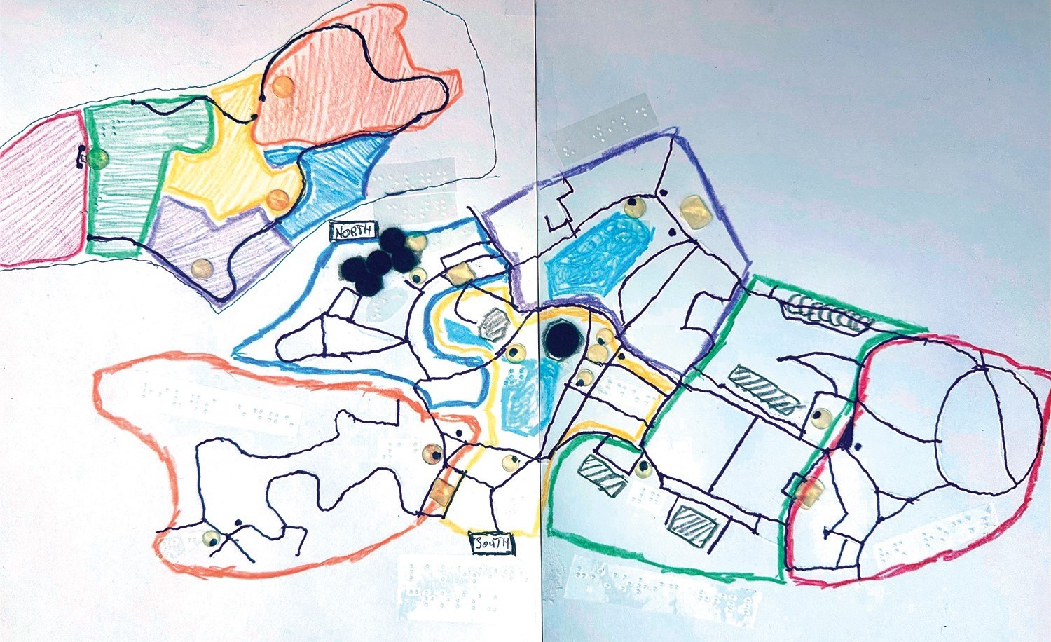 A colorful map of a zoo drawn on two sheets of taped-together braille paper. The different regions are outlined with colored crayon and have adhesive braille labels. Some of the regions have other details, including blue crayon regions (water) and various bump dots (fuzzy black, square pyramidal clear, and small round clear).